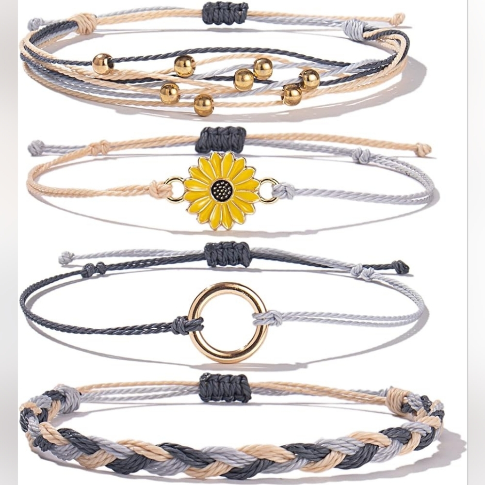 Sunflower string, braided ropes and charms boho sufer bracelet